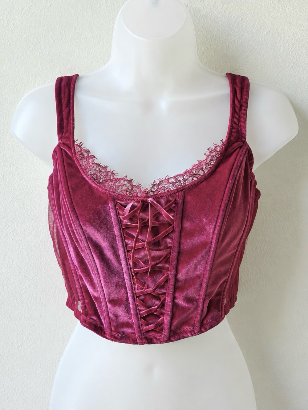Victoria’s Secret Magenta Velvet Corset Bustier Top L/G Y2K Lace Up
